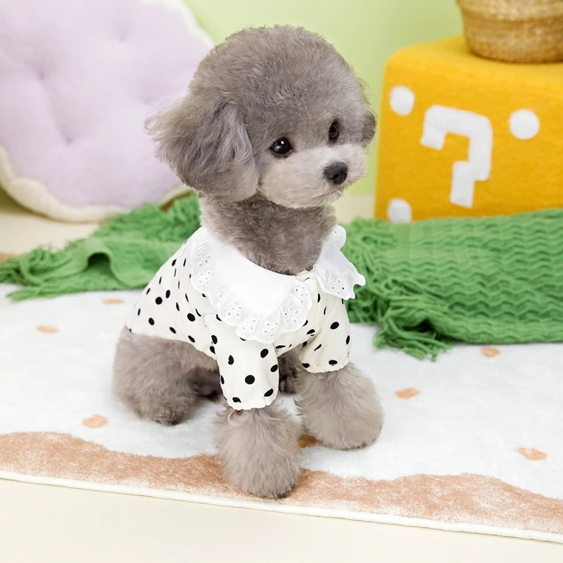 Dog Clothes Cute Polka Dotted Lace Bow Black White Thin Puppy T-shirt Teddy Small Dogs Pet T-shirt Two-Legged Pet Apparels