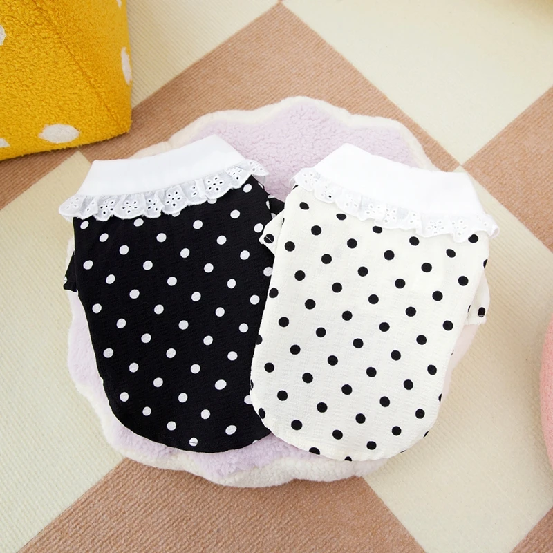 Dog Clothes Cute Polka Dotted Lace Bow Black White Thin Puppy T-shirt Teddy Small Dogs Pet T-shirt Two-Legged Pet Apparels