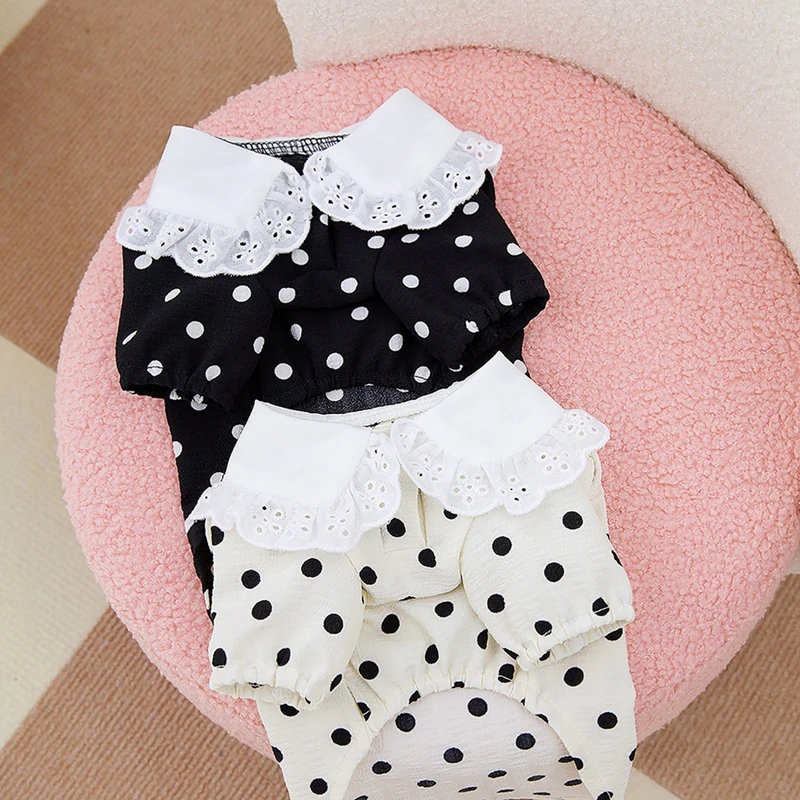 Dog Clothes Cute Polka Dotted Lace Bow Black White Thin Puppy T-shirt Teddy Small Dogs Pet T-shirt Two-Legged Pet Apparels