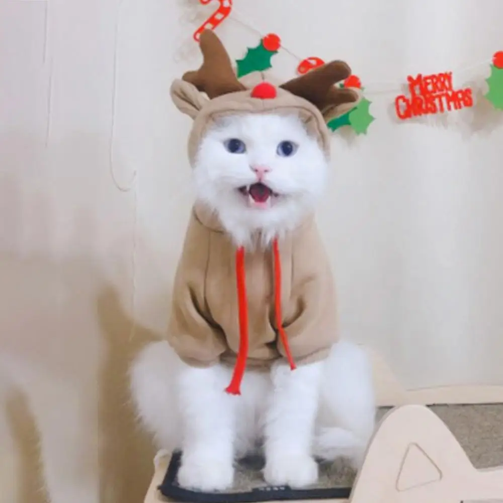 Dog Clothes Reindeer Christmas Elk Cosplay Apparel Winter Warm Jumpsuit Outfit For Small Dogs Cats Cold Weather Sweatshirt For